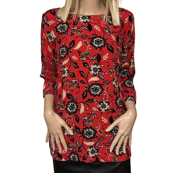 J. Jill Tunic Top Red Floral Filigree Viscose Rayon Boat Neck Keyhole Back - Picture 9 of 16